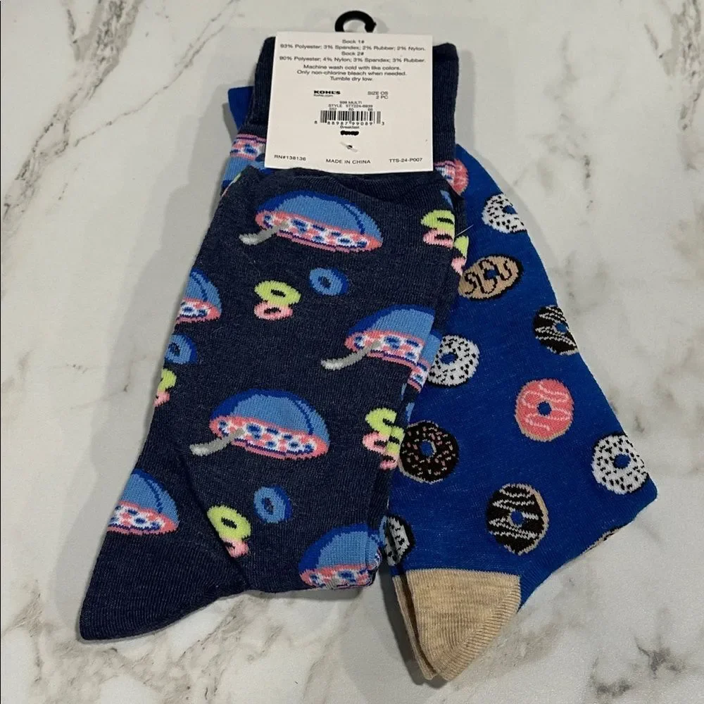 Twisted Toes Crew Socks Mens 8-13 NEW 2 Pair Donuts Milk & Cereal Novelty Socks